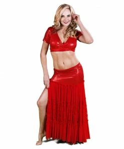 Miss Belly Dance Belly Dance Red Skirt, Top, & Hip Scarf Costume Set | SIZZLIN HOT RAQS BELLY DANCE COSTUMES