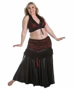 Miss Belly Dance Belly Dance Satin Skirt, Lace Over-Skirt, & Halter Top Costume Set | DEEP SATIN BELLY DANCE COSTUMES