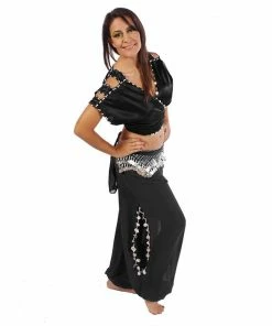 Miss Belly Dance Belly Dance Satin Top, Chiffon Harem Pants, & Hip Scarf Costume Set | SHINING SHOWCASE