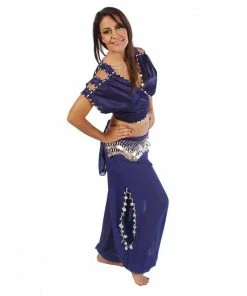 Miss Belly Dance Belly Dance Satin Top, Chiffon Harem Pants, & Hip Scarf Costume Set | SHINING SHOWCASE